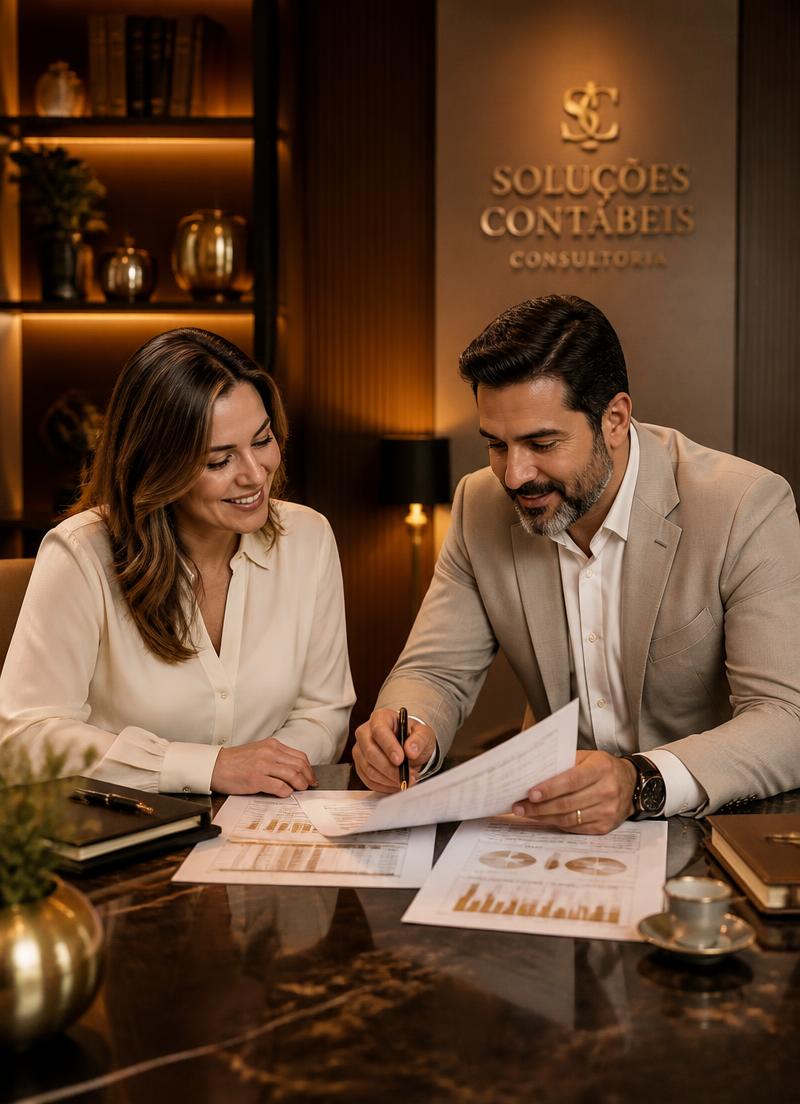 Especialista contábil da Gestão na Mira analisando relatórios financeiros com o cliente