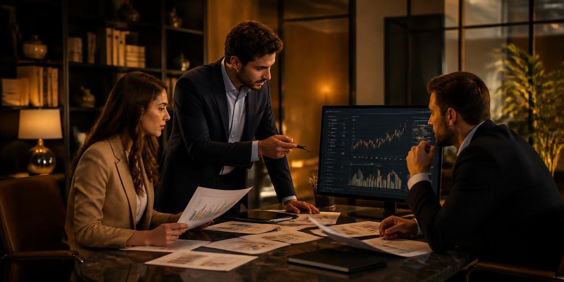 Equipe financeira analisando relatórios gerenciais e indicadores
